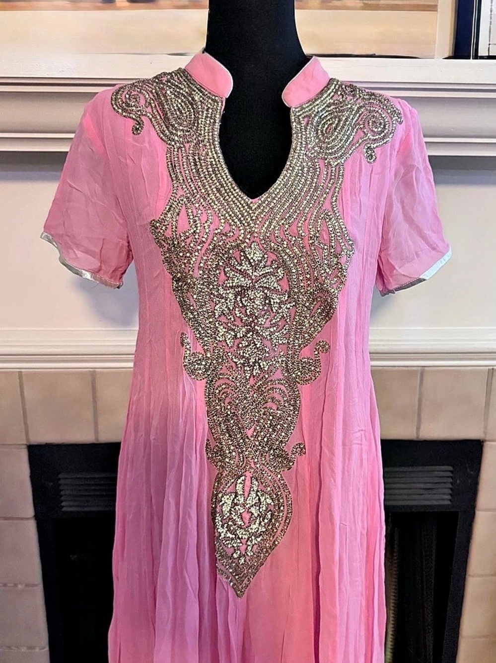 Pink Kaftan/Saree with Gold Beaded and Silver Ribbon Accents 40